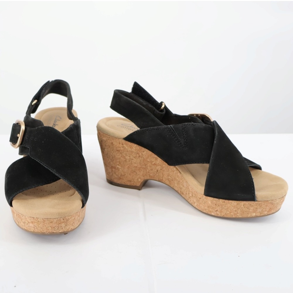 Clarks Black Suede Cork Wedge Sandals